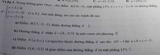 u=(1;2;0). C. a=(1;2;3). D. a=(0;1;2). 
Ví đụ 3. Trong không gian Oxyz , cho điểm A(1;0;-1) , mặt phẳng (P):x+y+z-2=0 và đường thắng
d:beginarrayl x=3+4t y=-1-2t z=-2+3tendarray.  (t∈ R). Xét tính đúng, sai của các mệnh đề sau:
a) Điểm M(7;-3;-1) thuộc đường thẳng d.
b) Đường thẳng đ nhận vector u=(4;-2;3) là một vectơ chi phương.
c) Điểm N(a;b;c) ( a nguyên) thuộc đường thẳng d sao cho AN=3 thì a+b+c=-5. 
d) Điểm I(4;-3;1) là giao điểm của đường thẳng đ và mặt phẳng (P)