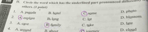 108 II. Circle the word which has the underlined part pronounced differently 1
others. (1 point)
1. A. pagoda B. hotel Csome
D. photo
2. A explore Bị long C. lot
D. blossom
g 3. A. cave B) family C. take
D. late
4. A. around B. about
D. cloud