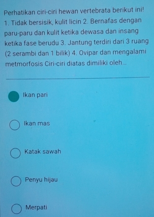 Perhatikan ciri-ciri hewan vertebrata berikut ini!
1. Tidak bersisik, kulit licin 2. Bernafas dengan
paru-paru dan kulit ketika dewasa dan insang
ketika fase berudu 3. Jantung terdiri dari 3 ruang
(2 serambi dan 1 bilik) 4. Ovipar dan mengalami
metmorfosis Ciri-ciri diatas dimiliki oleh...
Ikan pari
Ikan mas
Katak sawah
Penyu hijau
Merpati