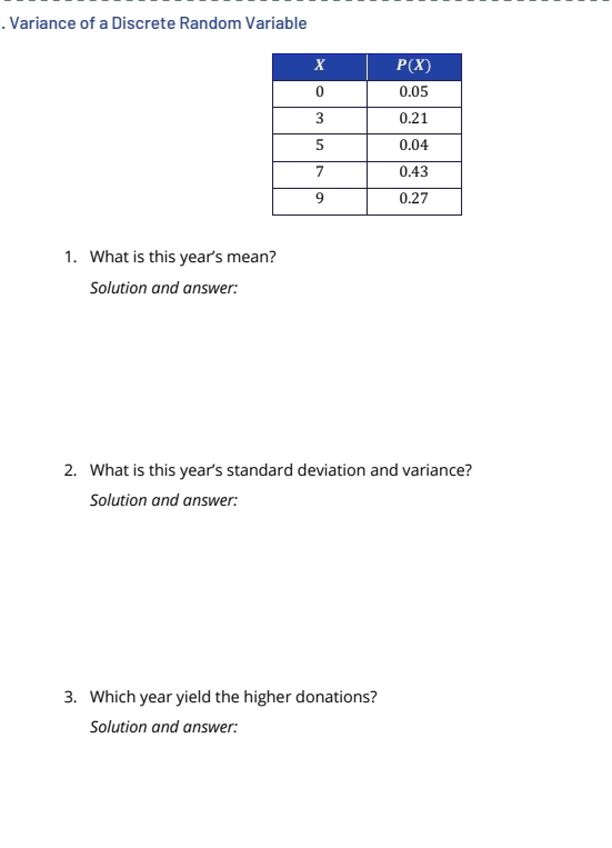 Variance of a Discrete Random Variable
1. What is this year's mean?
Solution and answer:
2. What is this year's standard deviation and variance?
Solution and answer:
3. Which year yield the higher donations?
Solution and answer: