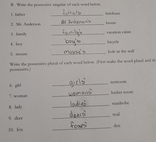 Write the possessive singular of each word below. 
1. father _briefcase 
2. Mr. Anderson _house 
3. family _vacation cabin 
4. boy 
_bicycle 
5. mouse _hole in the wall 
Write the possessive plural of each word below. (First make the word plural and th 
possessive.) 
6. girl _restroom 
7. woman _locker room 
8. lady _wardrobe 
trail 
9. deer 
_ 
_ 
den 
10. fox