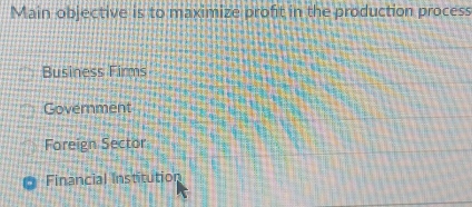 Main objective is to maximize profit in the production process
Business Firms
Government
Foreign Sector
Financial Institution