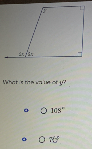 What is the value of y?
o 108°
75°