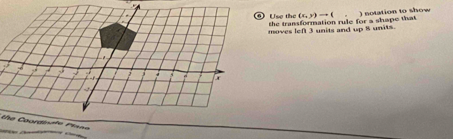 Use the (x,y) to ( . ) notation to show 
the transformation rule for a shape that 
moves lef 3 units and up 8 units.
-9 -6 2 j d x
-2
the Coordinate Plane