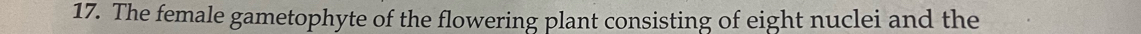 The female gametophyte of the flowering plant consisting of eight nuclei and the