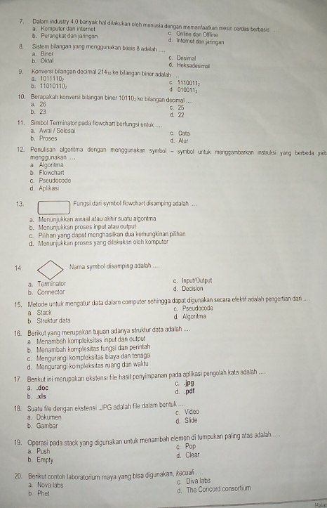 Dalam industry 4.0 banyak hal dilakukan oleh manusia dengan memanfaatkan mesin cerdas berbasis .
a. Komputer dan interriet c. Online dan Offling
b. Perangkat dan jaringan d. Internet dan jaringan
8. Sistem bilangan yang menggunakan basis B adalah ...
b. Oktal a. Biner c. Desimal
d. Heksadesimal
9. Konversi bilangan decimal 214½ ke bilangan biner adalah_
a. 1011110
C. 11001 12
b. 11010110， d. 110 O11₂
10. Berapakah konversi bilangan biner 10110 ke billangan decimal ...
a. 26
b. 23 c. 25
d. 22
11. Simbol Terminator pada flowchart berfungsi untuk _
a. Awal / Selesai
b. Proses d. Alur c. Data
12. Penulisan algoritma dengan menggunakan symbol - symbol untuk menggambarkan instruksi yang berbeda yaib
menqqunakan ... .
a Algoritima
b. Flowchart
c. Pseudocode
d. Aplikasi
13. Fungsi dari symbol flowchart disamping adalah ....
a. Menunjukkan awaal atau akhir suatu algontma
b. Menunjukkan proses input atau cutput
c. Pilihan yang dapat menghasilkan dua kemungkinan pilihan
d. Menunjukkan proses yang dilakukan oleh komputer
14. Nama symbol disamping adalah ....
a. Terminator c. Input/Output
b. Connector d. Decision
15. Metode untuk mengatur data dalam computer sehingga dapat digunakan secara elektif adaïah pengertian dari ....
a. Stack c. Pseudocode
b. Struktur data d. Algoritma
16. Berikut yang merupakan tujuan adanya struktur data adalah ...
a Menambah kompleksitas input dan output
b. Menambah komplesitas fungsi dan perintah
c. Mengurangi kompleksitas biaya dan tenaga
d. Mengurangi kompleksitas ruang dan waktu
17. Berikut ini merupakan ekstensi file hasil penyimpanan pada aplikasi pengolah kata adalah ....
a .doc c、 jpg
b. xls d. .pdf
18. Suatu file dengan ekstensi .JPG adalah file dalam bentuk …
a. Dokumen
b. Gambar d. Slide c. Video
19. Operasi pada stack yang digunakan untuk menambah elemen di tumpukan paling atas adalah ....
a. Push c. Pop
b.Empty d. Clear
20. Berikut contoh laboratorium maya yang bisa digunakan, kecuali
a. Nova labs
c. Diva labs
b. Phet d. The Concord consortium
Halar