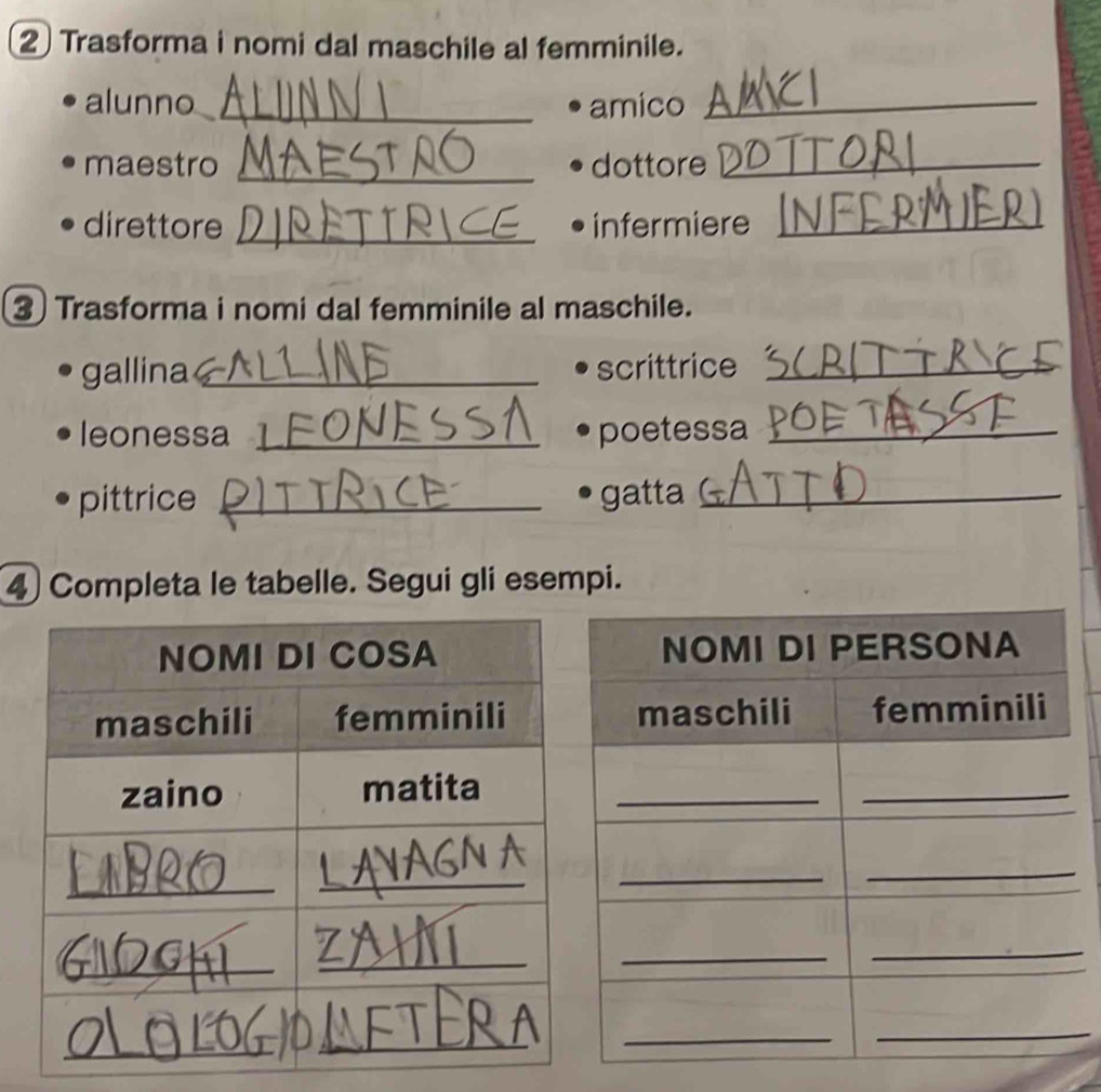 Trasforma i nomi dal maschile al femminile. 
alunno _amico_ 
maestro _dottore_ 
direttore _infermiere_ 
3 Trasforma i nomi dal femminile al maschile. 
gallina _scrittrice_ 
leonessa _poetessa_ 
pittrice _gatta_ 
4 Completa le tabelle. Segui gli esempi.