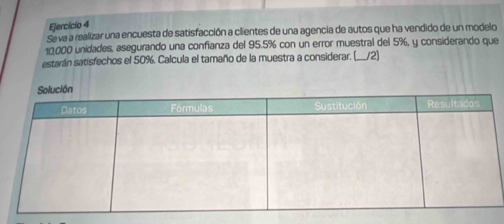 Se va a realizar una encuesta de satisfacción a clientes de una agencia de autos que ha vendido de un modelo
10.000 unidades, asegurando una confianza del 95.5% con un error muestral del 5%, y considerando que 
estarán satisfechos el 50%. Calcula el tamaño de la muestra a considerar. (__/2)