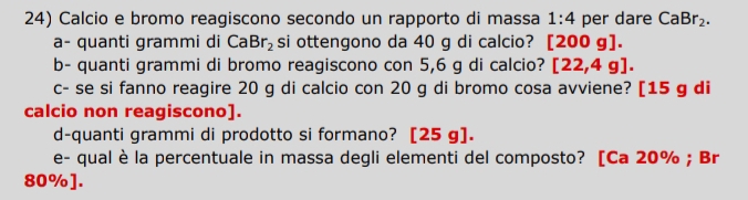 Calcio e bromo reagiscono secondo un rapporto di massa 1:4 per dare CaBr_2. 
a- quanti grammi di CaBr_2 si ottengono da 40 g di calcio? [200g]. 
b- quanti grammi di bromo reagiscono con 5,6 g di calcio? [22,4g]. 
c- se si fanno reagire 20 g di calcio con 20 g di bromo cosa avviene? [ 15 g di 
calcio non reagiscono]. 
d-quanti grammi di prodotto si formano? [ 25 g ]. 
e- qual è la percentuale in massa degli elementi del composto? [Ca 20%; Br
80% ].