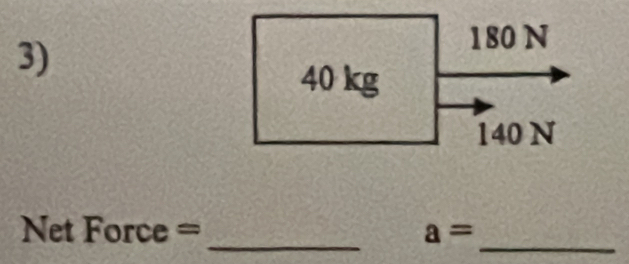 180 N
40 kg
140 N
_
_
Ne tForce= a=