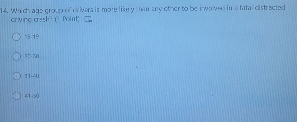 Which age group of drivers is more likely than any other to be involved in a fatal distracted
driving crash? (1 Point)
15-19
20-30
31-40
41-50