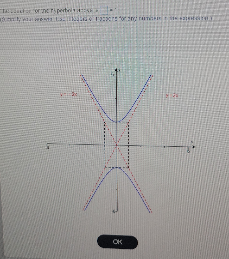 The equation for the hyperbola above is □ =1.
(Simplify your answer. Use integers or fractions for any numbers in the expression.)
OK