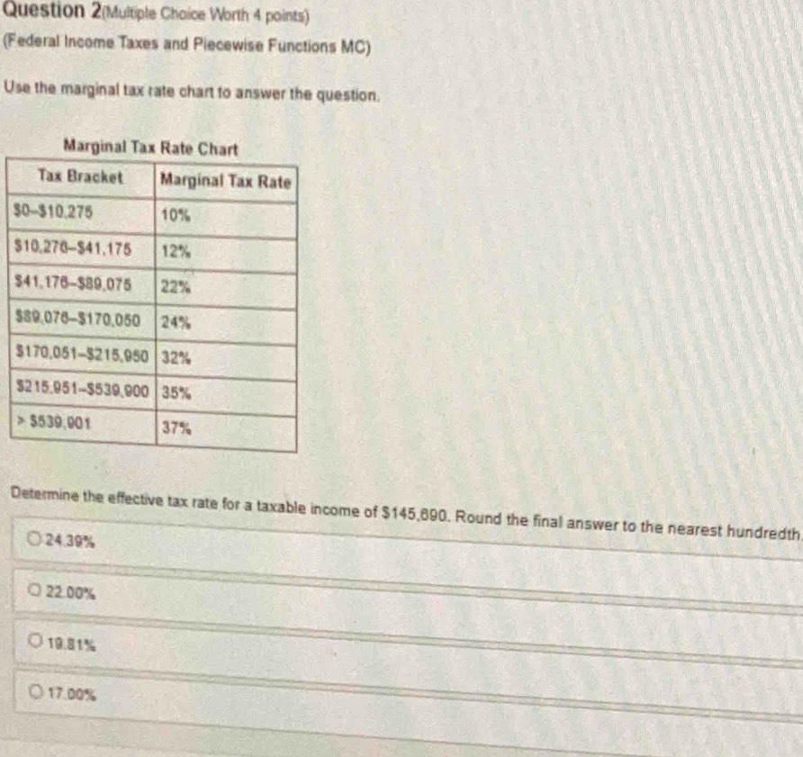 Question 2(Multiple Choice Worth 4 points)
(Federal Income Taxes and Piecewise Functions MC)
Use the marginal tax rate chart to answer the question.
$
$
$
$
$
$
Determine the effective tax rate for a taxable income of $145,690. Round the final answer to the nearest hundredth
24.39%
22.00%
19.81%
17.00%