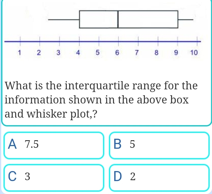 What is the interquartile range for the
information shown in the above box
and whisker plot,?
A 7.5 B 5
C 3 D 2