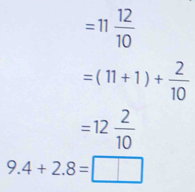 =11 12/10 
=(11+1)+ 2/10 
=12 2/10 
9.4+2.8=□