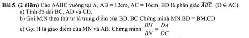 Cho △ ABC vuông tại A, AB=12cm, AC=16cm , BD là phân giác widehat ABC(D∈ AC). 
a) Tính độ dài BC, AD và CD. 
b) Gọi M,N theo thứ tự là trung điểm của BD, BC Chứng minh M N.BD=BM.CD
c) Gọi H là giao điểm của MN và AB. Chứng minh  BH/BN = DA/DC 