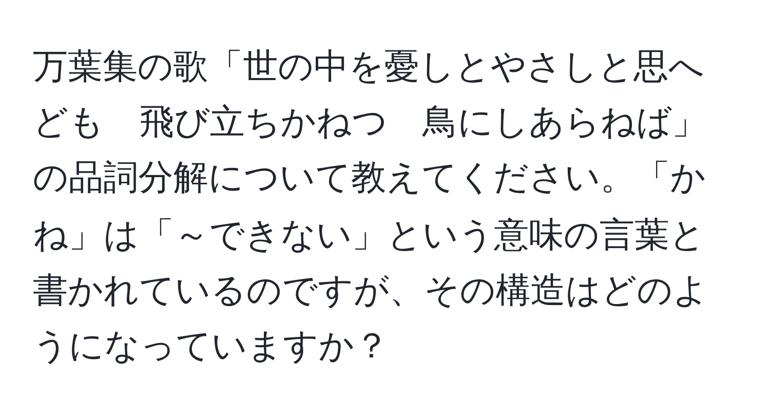 万葉集の歌「世の中を憂しとやさしと思へども　飛び立ちかねつ　鳥にしあらねば」の品詞分解について教えてください。「かね」は「～できない」という意味の言葉と書かれているのですが、その構造はどのようになっていますか？