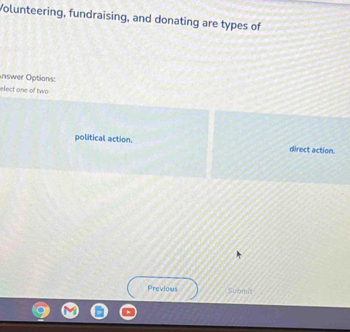 Volunteering, fundraising, and donating are types of 
Answer Options: 
elect one of two 
political action. direct action. 
Previous Submit