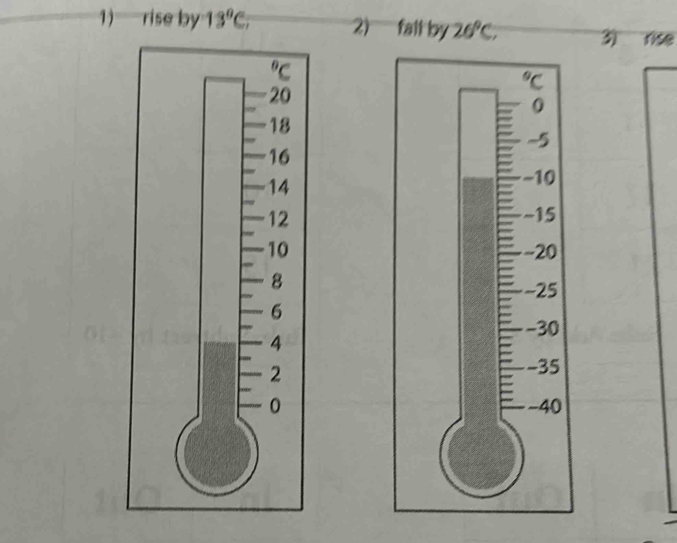 rise by 13°C, 2) fall by 26°C,
3) rise