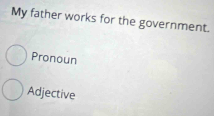 My father works for the government.
Pronoun
Adjective