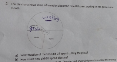 The pie chart shows some information about the time Gill spent working in her garden one 
month. 
digpzng 
a) What fraction of the time did Gill spend cutting the grass? 
b) How much time did Gill spend planting? ere. The pie chart shows information about the money