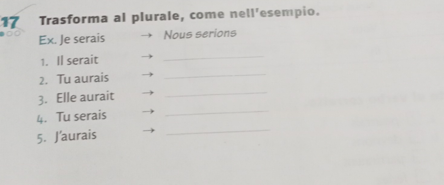 Trasforma al plurale, come nell'esempio. 
00 
Ex. Je serais Nous serions 
1. Il serait 
_ 
2. Tu aurais 
_ 
3. Elle aurait 
_ 
_ 
4. Tu serais 
_ 
5. J'aurais