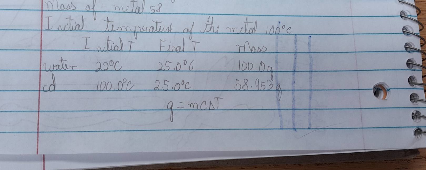 Mlass of metal s8 
I ndiad tompuratuvl of the metal 100°C
I aia T Final T 
watr 22°C 25.0°C 100. 04
cl
100.0°C 25.0°C 58. 9539
q=mCDelta T