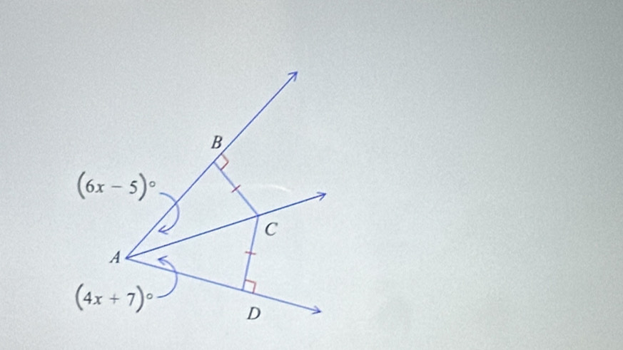 B
(6x-5)^circ 
C
A
(4x+7)^circ 
D