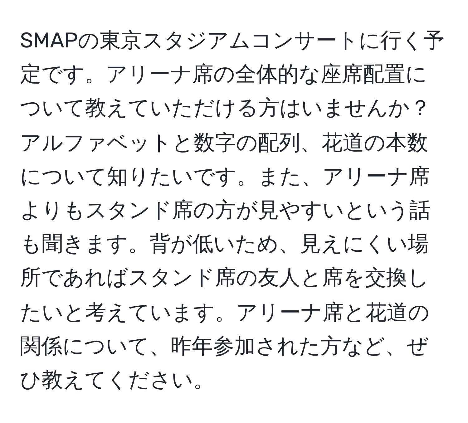 SMAPの東京スタジアムコンサートに行く予定です。アリーナ席の全体的な座席配置について教えていただける方はいませんか？アルファベットと数字の配列、花道の本数について知りたいです。また、アリーナ席よりもスタンド席の方が見やすいという話も聞きます。背が低いため、見えにくい場所であればスタンド席の友人と席を交換したいと考えています。アリーナ席と花道の関係について、昨年参加された方など、ぜひ教えてください。