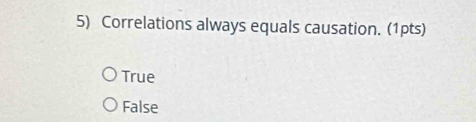 Correlations always equals causation. (1pts)
True
False