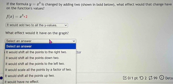 If the formula y=x^3 is changed by adding two (shown in bold below), what effect would that change have
on the function's values?
f(x)=x^3+2
It would add two to all the y -values.
What effect would it have on the graph?
Select an answer
Select an answer
It would shift all the points to the right two. :tor
It would shift all the points down two.
It would shift all the points to the left two.
It would scale all the points by a factor of two.
It would shift all the points up two. □ 0/1 pt つ 2 99 Deta
It would have no effect.