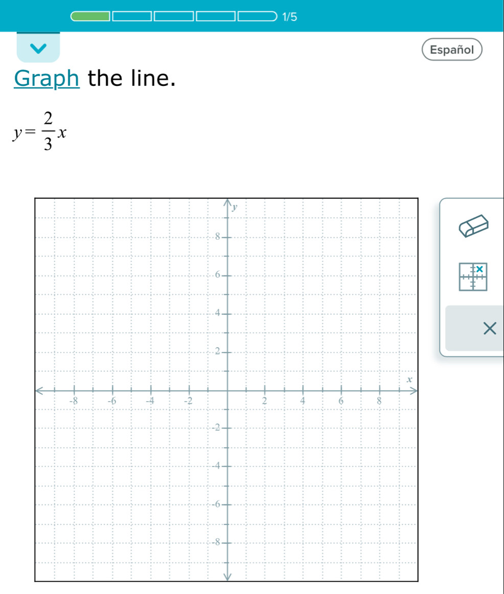 1/5 
Español 
Graph the line.
y= 2/3 x
×