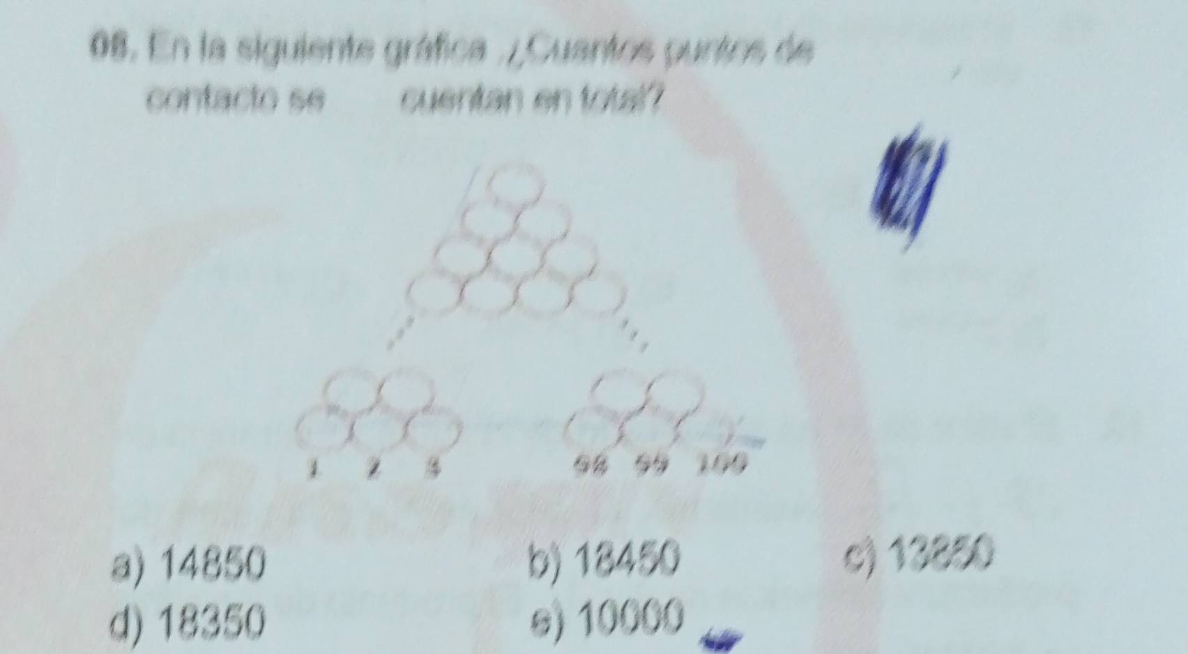 En la siguiente gráfica . ¿Cuantos puntos de
contacto se cuentan en totsl
94
1 100
a) 14850 b) 18450 c) 13850
d) 18350 s) 10000