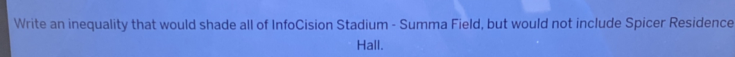 Write an inequality that would shade all of InfoCision Stadium - Summa Field, but would not include Spicer Residence 
Hall.