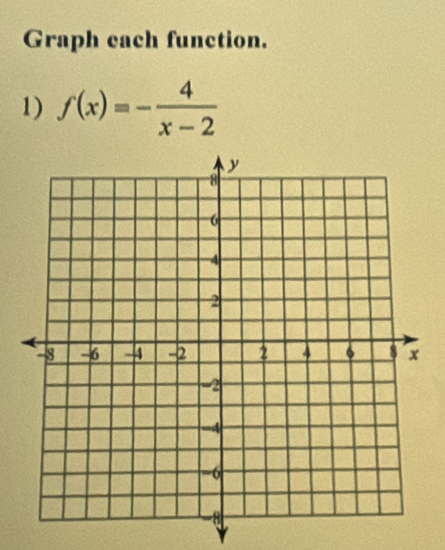 Graph each function. 
1) f(x)=- 4/x-2 