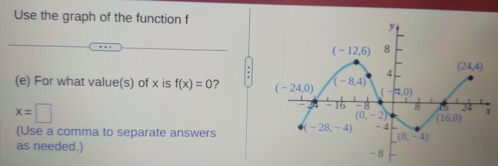 Use the graph of the function f
.
(e) For what value(s) of x is f(x)=0 ?
x=□
(Use a comma to separate answers
as needed.)