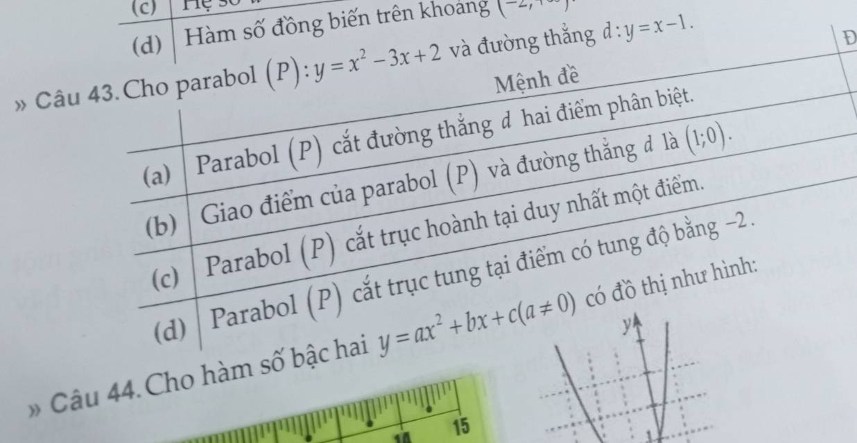 (c)
(d) Hàm số đồng biến trên khoảng (-2, 
» Câu 43.Cho parabol (P): y=x^2-3x+2 và đường thắng d : y=x-1. 
D
Mệnh đề
(a) Parabol (P) cắt đường thắng đ hai điểm phân biệt.
(b) Giao điểm của parabol (P) và đường thắng đ là (1;0).
(c) Parabol (P) cắt trục hoành tại duy nhất một điểm.
(d)₹ Parabol (P) cắt trục tung tại điểm có tung độ bằng 2.
y
» Câu 44.Cho hàm số bậc hai y=ax^2+bx+c(a!= 0) có đồ thị như hình:
a 15
1