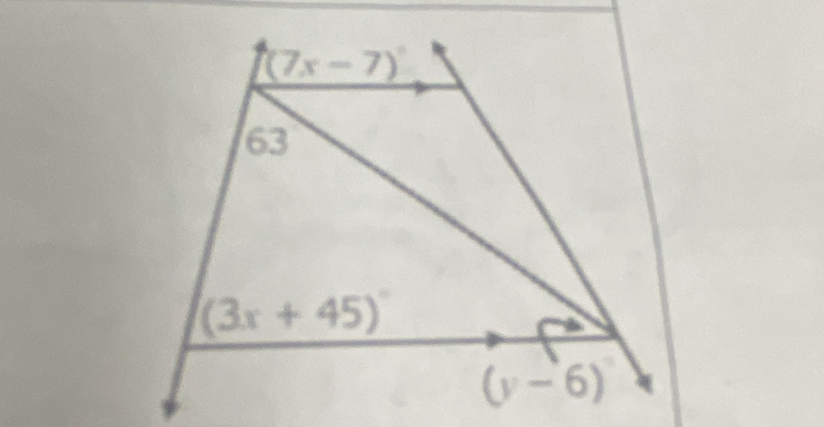 (7x-7)^circ 
63
(3x+45)^circ 
(y-6)