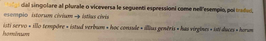 dal singolare al plurale o viceversa le seguenti espressioni come nell’esempio, poi traduci. 
esempio istorum civium → istius civis 
isti servo « illo tempõre * istud verbum • hoc consule « illīus geněris • has virgīnes » isti duces » horum 
homĭnum