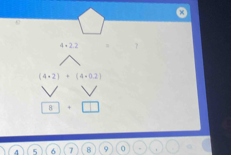 4· 2.2 = ？
(4· 2)+(4· 0.2)
8+□
4 5 6 7 8 9 0