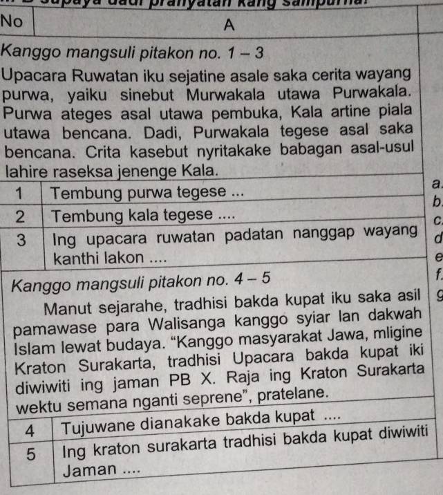 daur pranyatan kang sampurna. 
No 
A 
Kanggo mangsuli pitakon no. 1-3 
Upacara Ruwatan iku sejatine asale saka cerita wayang 
purwa, yaiku sinebut Murwakala utawa Purwakala. 
Purwa ateges asal utawa pembuka, Kala artine piala 
utawa bencana. Dadi, Purwakala tegese asal saka 
bencana. Crita kasebut nyritakake babagan asal-usul 
lahire raseksa jenenge Kala. 
a. 
1 Tembung purwa tegese ... 
b 
2 Tembung kala tegese .... 
C 
3 Ing upacara ruwatan padatan nanggap wayang d 
kanthi lakon .... e 
Kanggo mangsuli pitakon no. 4-5 f 
Manut sejarahe, tradhisi bakda kupat iku saka asil 
pamawase para Walisanga kanggo syiar lan dakwah 
Islam lewat budaya. “Kanggo masyarakat Jawa, mligine 
Kraton Surakarta, tradhisi Upacara bakda kupat iki 
diwiwiti ing jaman PB X. Raja ing Kraton Surakarta 
wektu semana nganti seprene", pratelane. 
4 Tujuwane dianakake bakda kupat ....
5 Ing kraton surakarta tradhisi bakda kupat diwiwiti 
Jaman ....