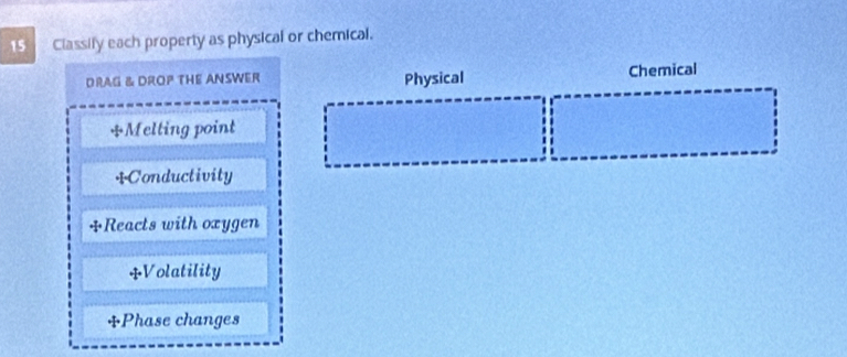 Classify each property as physical or chemical. 
DRAG & DROP THE ANSWER Physical Chemical 
+Melting point 
+Conductivity 
+Reacts with oxygen 
+Volatility 
+Phase changes