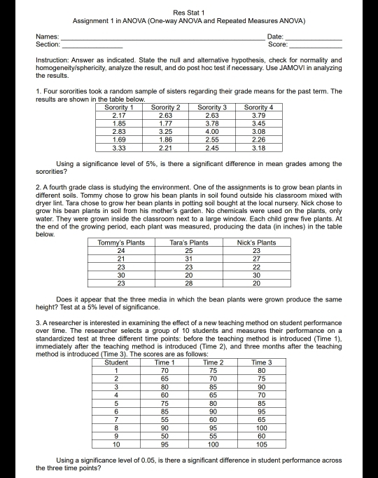 Res Stat 1 
Assignment 1 in ANOVA (One-way ANOVA and Repeated Measures ANOVA) 
Names: _Date:_ 
Section:_ Score:_ 
Instruction: Answer as indicated. State the null and alternative hypothesis, check for normality and 
homogeneity/sphericity, analyze the result, and do post hoc test if necessary. Use JAMOVI in analyzing 
the results. 
1. Four sororities took a random sample of sisters regarding their grade means for the past term. The 
results are shothe tab 
Using a significance level of 5%, is there a significant difference in mean grades among the 
sororities? 
2. A fourth grade class is studying the environment. One of the assignments is to grow bean plants in 
different soils. Tommy chose to grow his bean plants in soil found outside his classroom mixed with 
dryer lint. Tara chose to grow her bean plants in potting soil bought at the local nursery. Nick chose to 
grow his bean plants in soil from his mother's garden. No chemicals were used on the plants, only 
water. They were grown inside the classroom next to a large window. Each child grew five plants. At 
the end of the growing period, each plant was measured, producing the data (in inches) in the table 
below. 
Does it appear that the three media in which the bean plants were grown produce the same 
height? Test at a 5% level of significance. 
3. A researcher is interested in examining the effect of a new teaching method on student performance 
over time. The researcher selects a group of 10 students and measures their performance on a 
standardized test at three different time points: before the teaching method is introduced (Time 1), 
immediately after the teaching method is introduced (Time 2), and three months after the teaching 
method is intr 
Using a significance level of 0.05, is there a significant difference in student performance across 
the three time points?