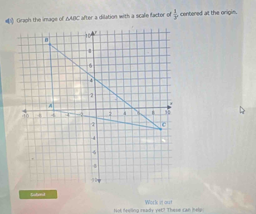 Graph the image of △ ABC after a dilation with a scale factor of  1/3  , centered at the origin. 
Submit 
Work it ou! 
Not feeling ready yet? These can help: