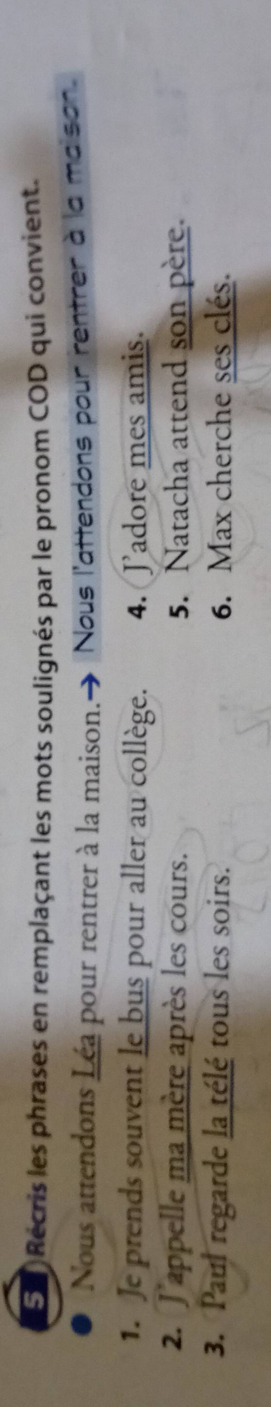 Récris les phrases en remplaçant les mots soulignés par le pronom COD qui convient. 
Nous attendons Léa pour rentrer à la maison.. a Nous l'attendons pour rentrer à la maison 
1. Je prends souvent le bus pour aller au collège. 4. Jadore mes amis. 
2. J'appelle ma mère après les cours. 5. Natacha attend son père 
3. Paul regarde la télé tous les soirs. 6. Max cherche ses clés.