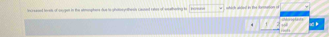 Increased levels of oxygen in the atmosphere due to photosynthesis caused rates of weathering to increase which aided in the formation of 
chloroplasts
4 1 soil xt 
roots