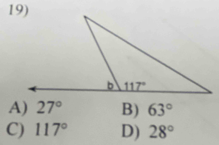 A) 27° B) 63°
C) 117° D) 28°