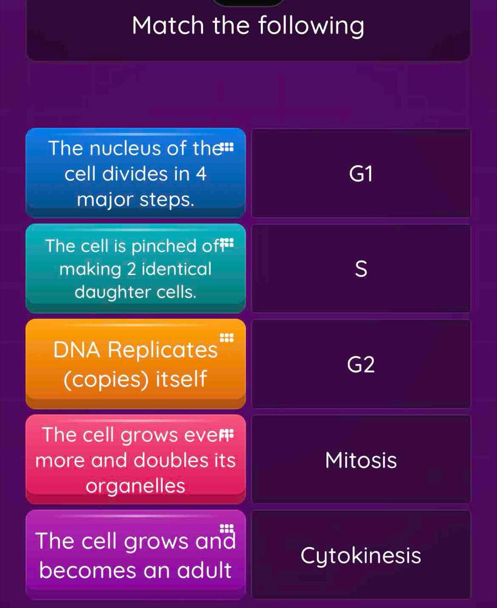 Match the following
The nucleus of the=
cell divides in 4 G1
major steps.
The cell is pinched off
making 2 identical S
daughter cells.
DNA Replicates =;;
G2
(copies) itself
The cell grows eve=
more and doubles its Mitosis
organelles
The cell grows and
Cytokinesis
becomes an adult