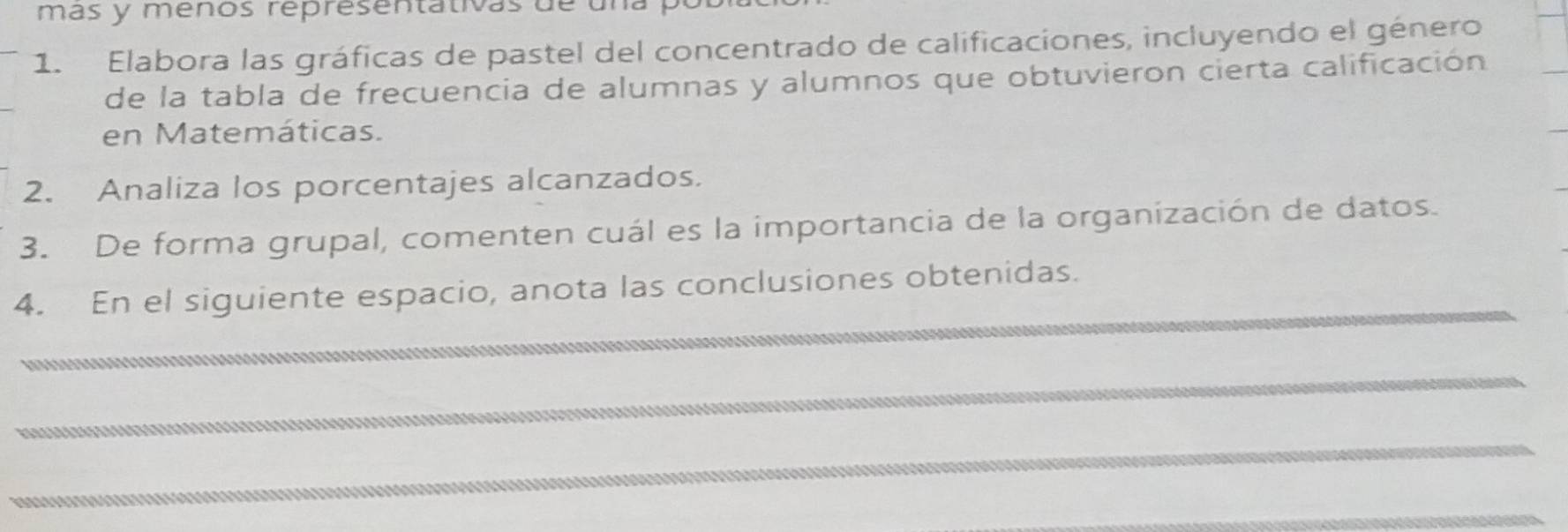 más y ménos representativas de una 
1. Elabora las gráficas de pastel del concentrado de calificaciones, incluyendo el género 
de la tabla de frecuencia de alumnas y alumnos que obtuvieron cierta calificación 
en Matemáticas. 
2. Analiza los porcentajes alcanzados. 
3. De forma grupal, comenten cuál es la importancia de la organización de datos. 
_ 
4. En el siguiente espacio, anota las conclusiones obtenidas. 
_ 
_ 
_