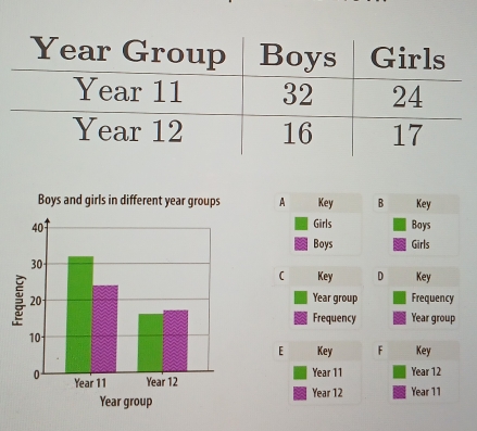 Boys and girls in different year groups AB Key 
Boys 
Girls 
 Key D Key 
Year group Frequency 
Frequency Year group 
Key 
E Key F
Year 11 Year 12
Year 12 Year 11